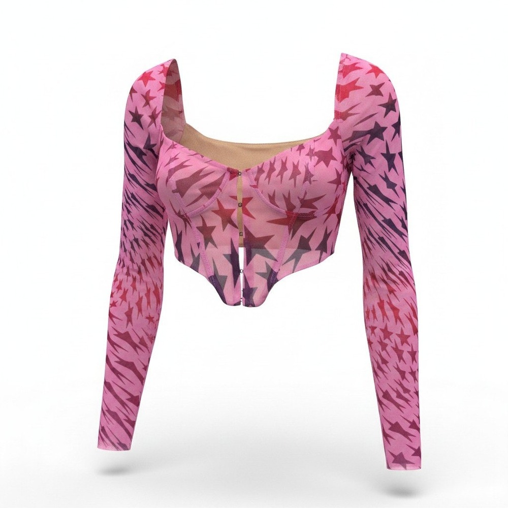 AFRM Mesh Corset Top Womens Small Pink Star Print Long Sleeve Excellent Y2K